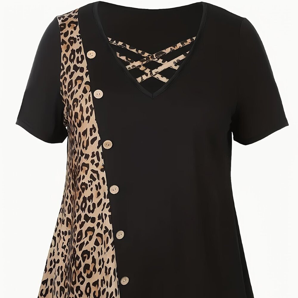 Unbranded Leopard Print & Black Blouse Short Sleeve NEW Sz L‎